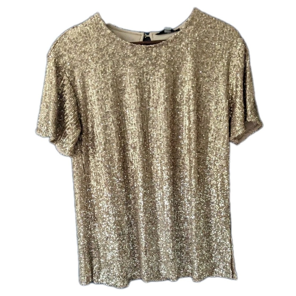 Cable & Gauge‎ Womens Sequins Short Sleeve Top M Scoop Neck Lined Gold Champagne